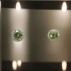 Sterling Silver 925 Beautiful Green Stone Halo Stud Earrings with CZ Accents